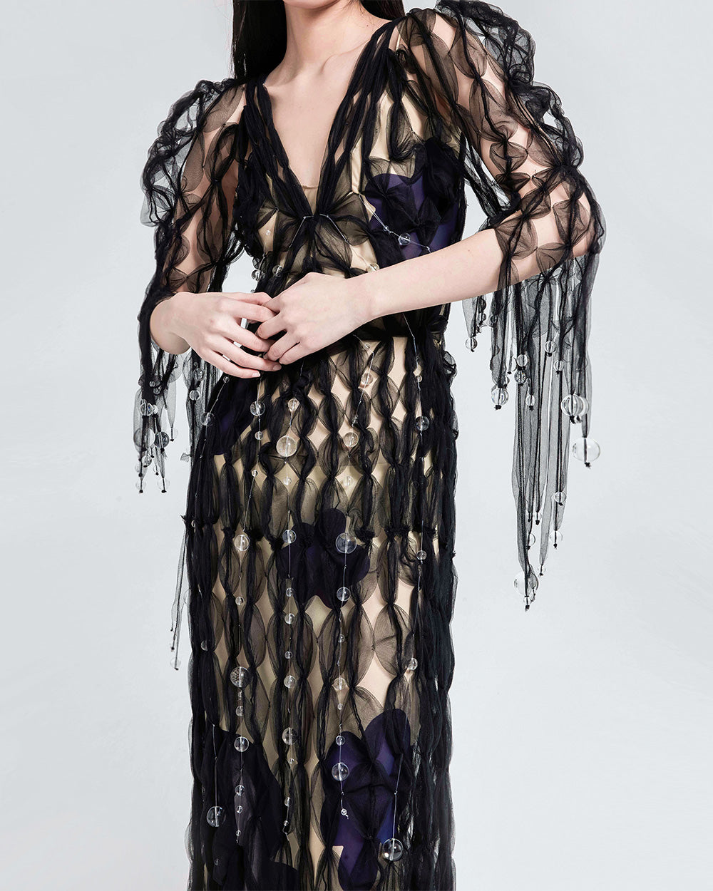 WOMEN GIRL BLACK MAXI LONG SLEEVE STYLE AIR RIBBON BLACK TULLE V NECK DRESS