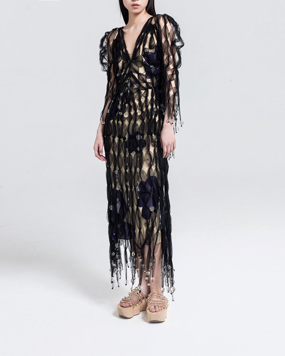 WOMEN GIRL BLACK MAXI LONG SLEEVE STYLE AIR RIBBON BLACK TULLE V NECK DRESS