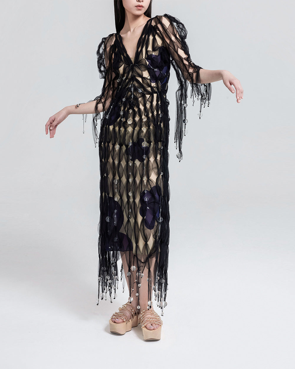 WOMEN GIRL BLACK MAXI LONG SLEEVE STYLE AIR RIBBON BLACK TULLE V NECK DRESS