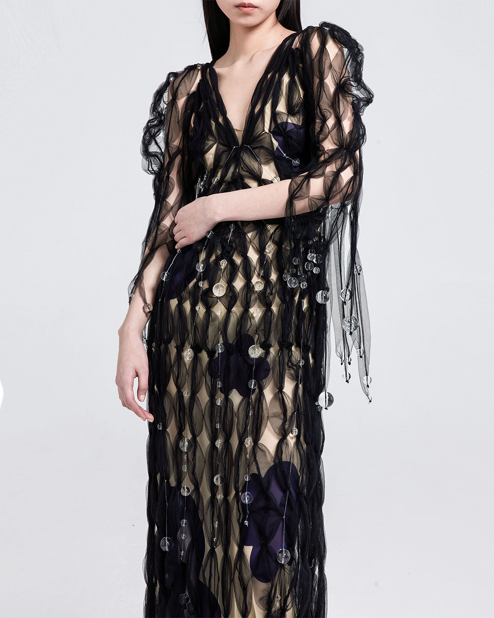 WOMEN GIRL BLACK MAXI LONG SLEEVE STYLE AIR RIBBON BLACK TULLE V NECK DRESS