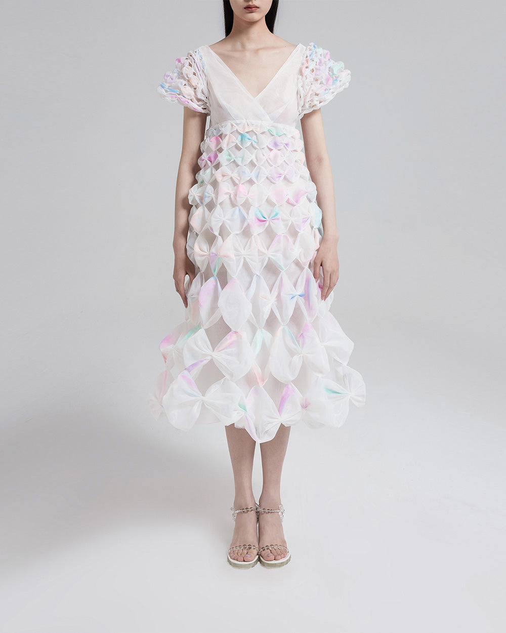 WOMEN GIRL WHITE V NECK MAXI AIR RIBBON CROSS OVER BUST DRESS