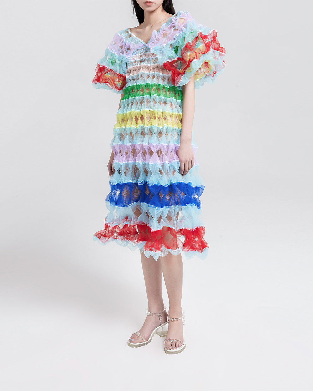 WOMEN GIRL MIDI PUFFY COLOURFUL FLOWY STYLE AIR RIBBON MULTI COLOUR STATEMENT SLEEVE DRESS