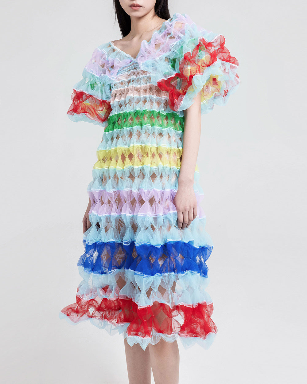 WOMEN GIRL MIDI PUFFY COLOURFUL FLOWY STYLE AIR RIBBON MULTI COLOUR STATEMENT SLEEVE DRESS