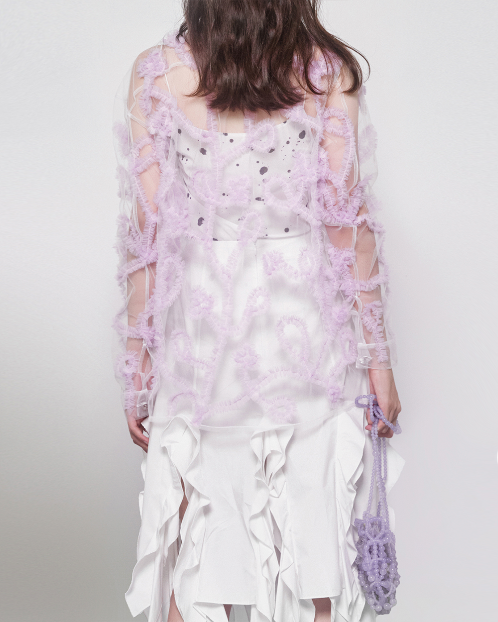 WOMEN GIRL LONG SLEEVE TRANSPARENT PURPLE LILAC STYLE APPLIQUE TULLE SHIRT