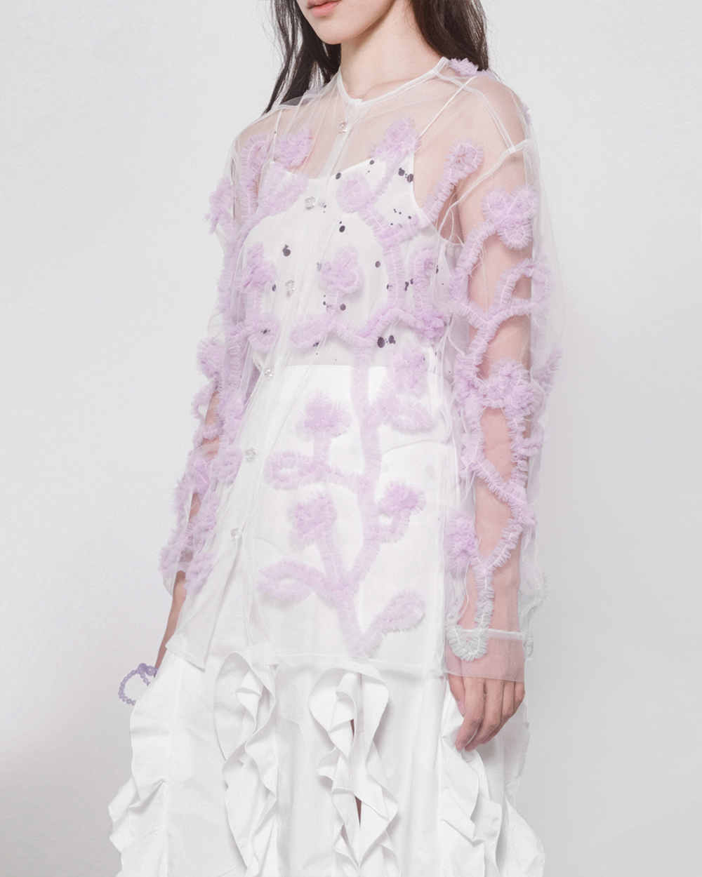 WOMEN GIRL LONG SLEEVE TRANSPARENT PURPLE LILAC STYLE APPLIQUE TULLE SHIRT