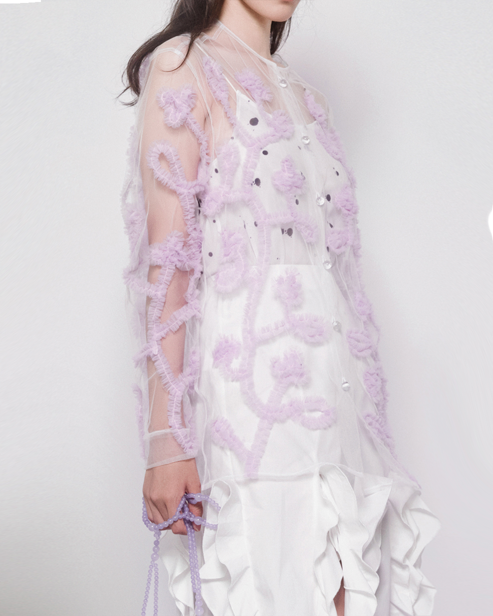 WOMEN GIRL LONG SLEEVE TRANSPARENT PURPLE LILAC STYLE APPLIQUE TULLE SHIRT