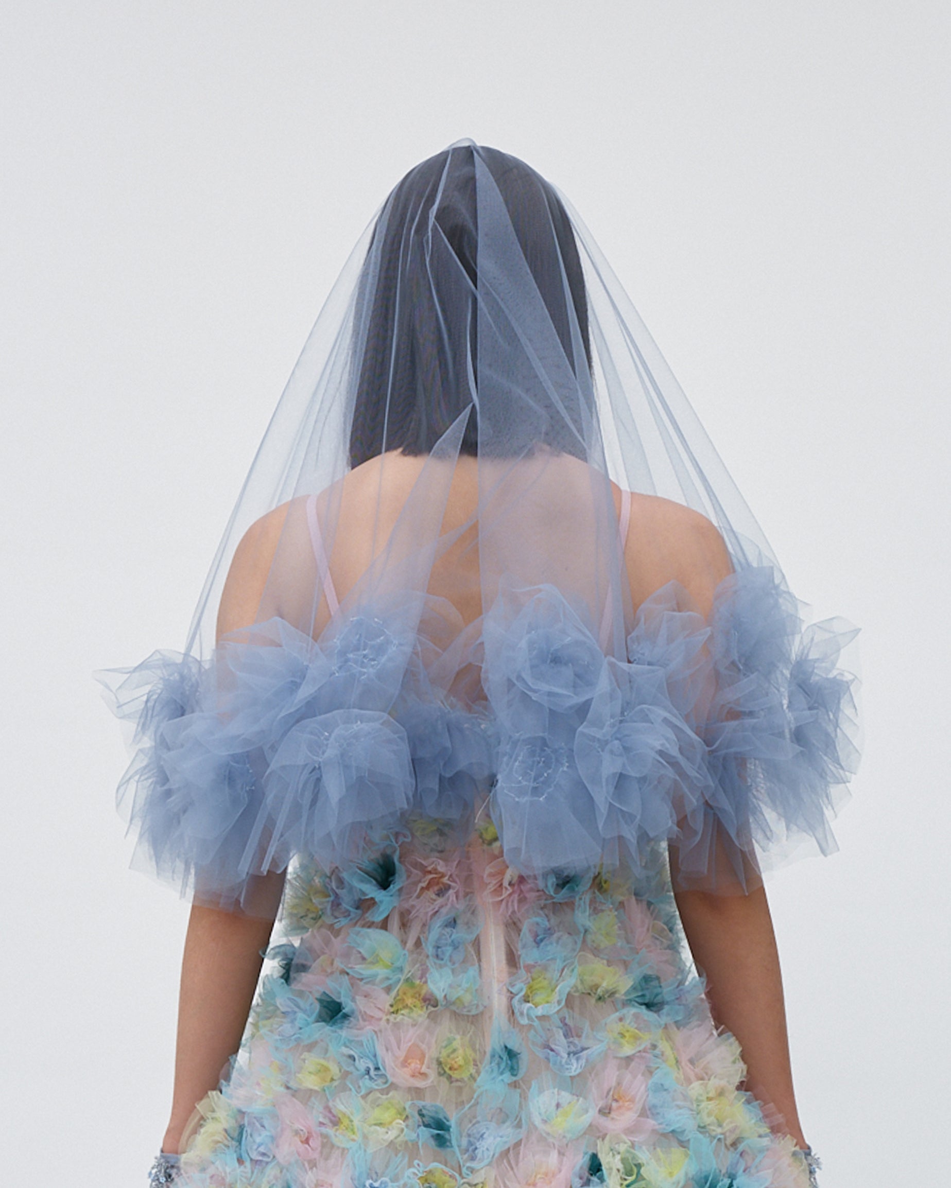 WOMEN BLUE AIR FLOWER TULLE RUFFLE DROP VEIL WEDDING BRIDAL VEIL HEADPIECE