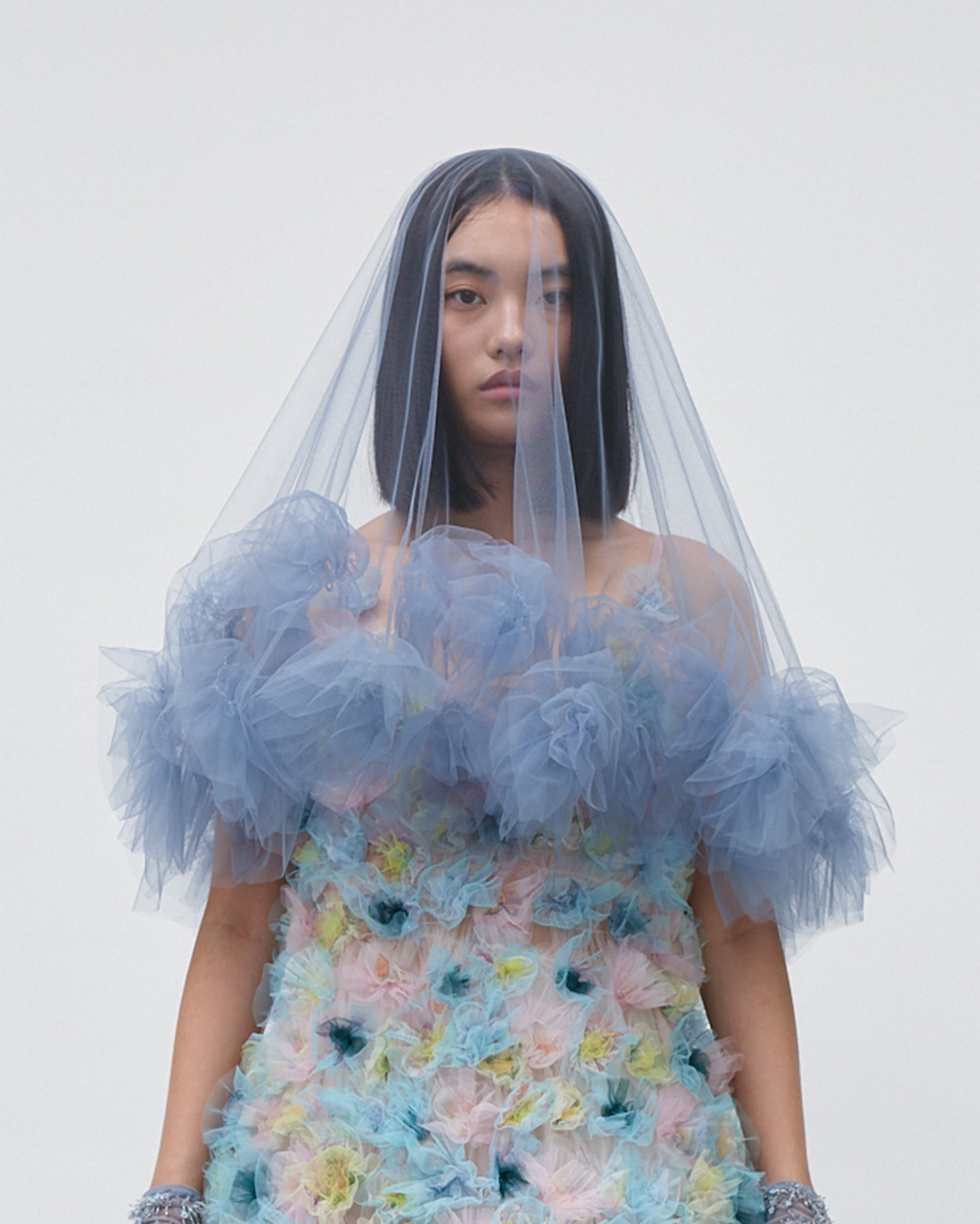 WOMEN BLUE AIR FLOWER TULLE RUFFLE DROP VEIL WEDDING BRIDAL VEIL HEADPIECE