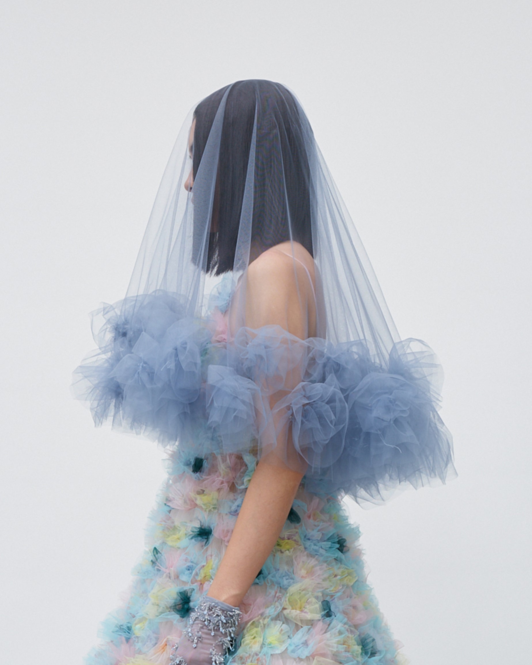 WOMEN BLUE AIR FLOWER TULLE RUFFLE DROP VEIL WEDDING BRIDAL VEIL HEADPIECE