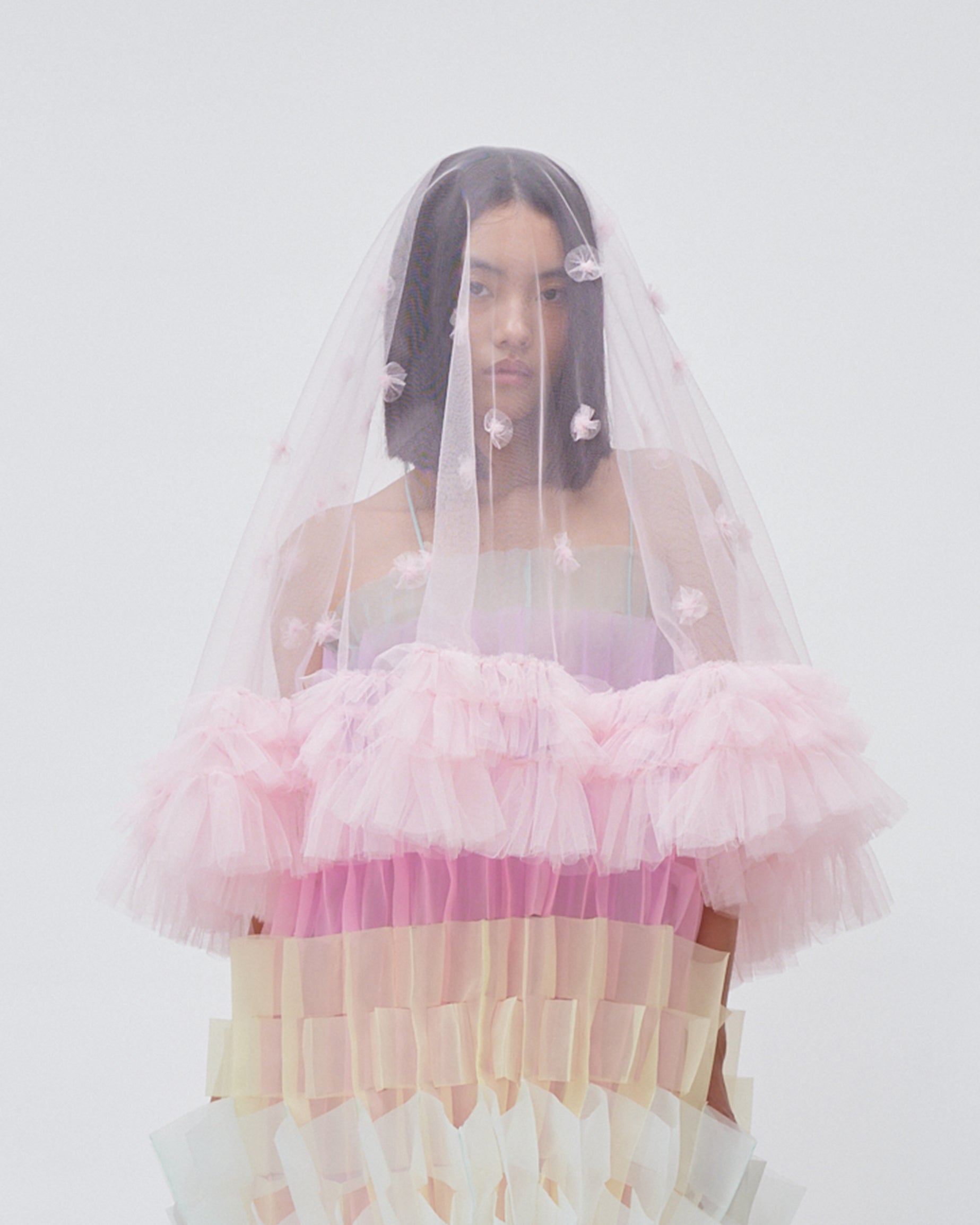 WOMEN PINK AIR FLOWER TULLE RUFFLE DROP VEIL WEDDING BRIDAL VEIL HEADPIECE