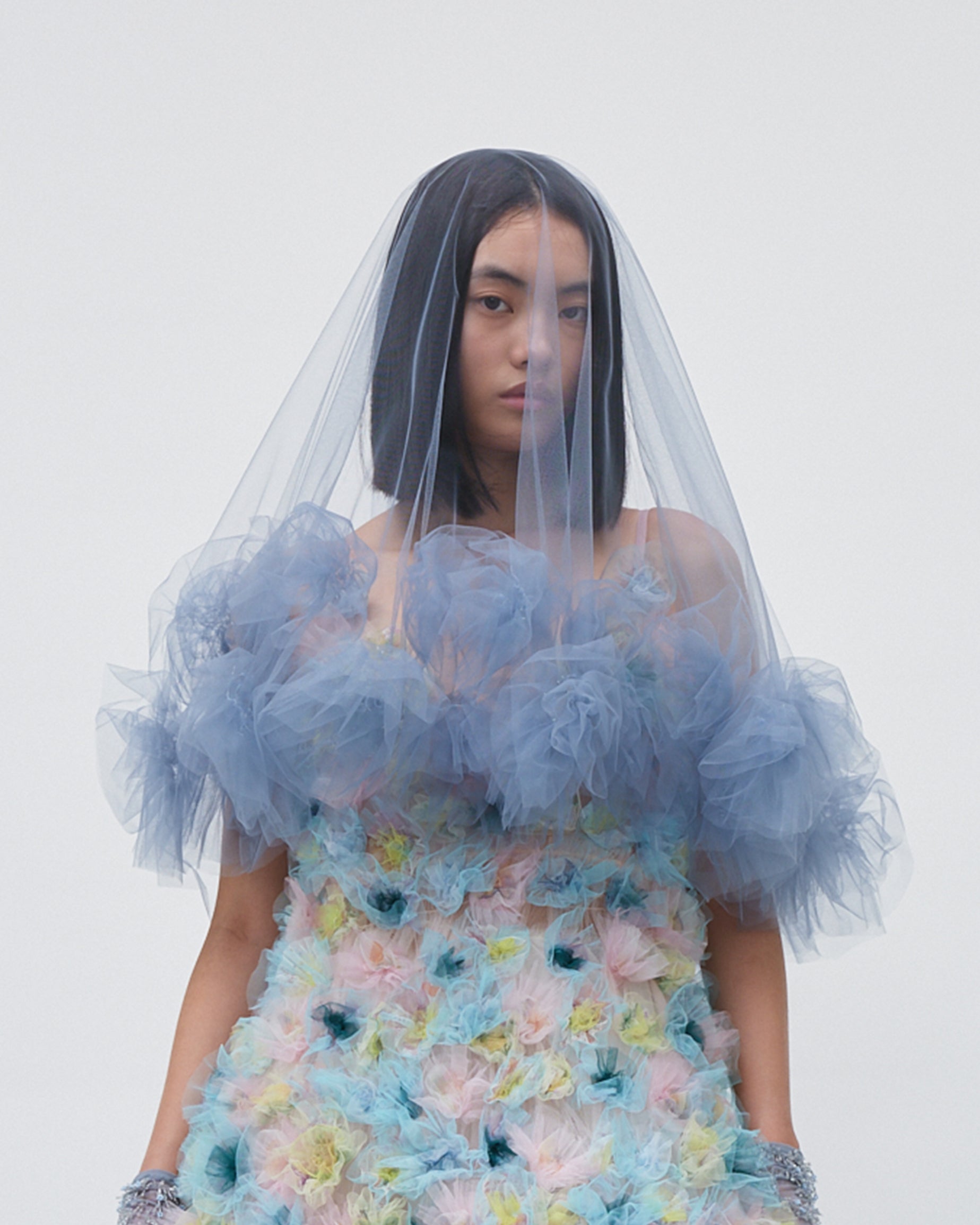 WOMEN BLUE AIR FLOWER TULLE RUFFLE DROP VEIL WEDDING BRIDAL VEIL HEADPIECE