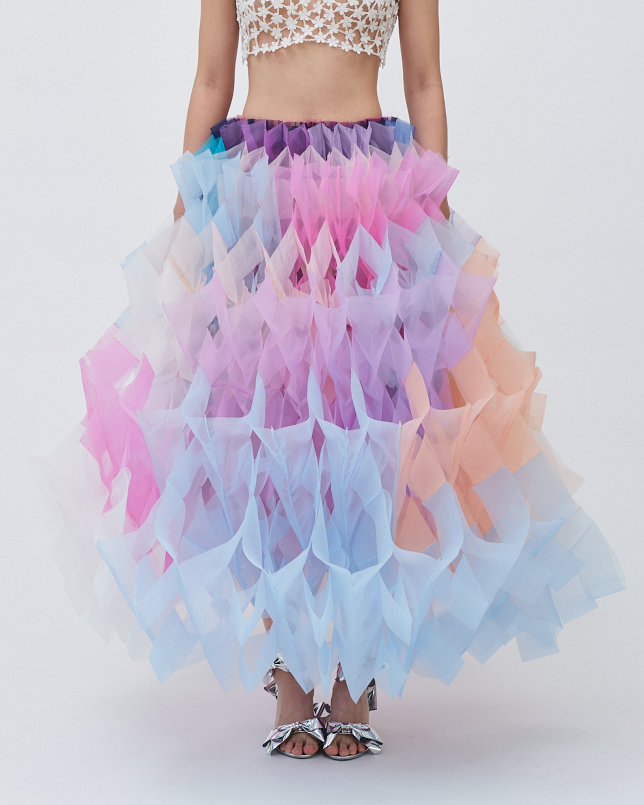 WOMENS PLEATED LAYERED MAXI SKIRT BRIDAL WEDDING EVENING WEAR IN PASTEL PALETTE PINK PURPLE BLUE ORANGE