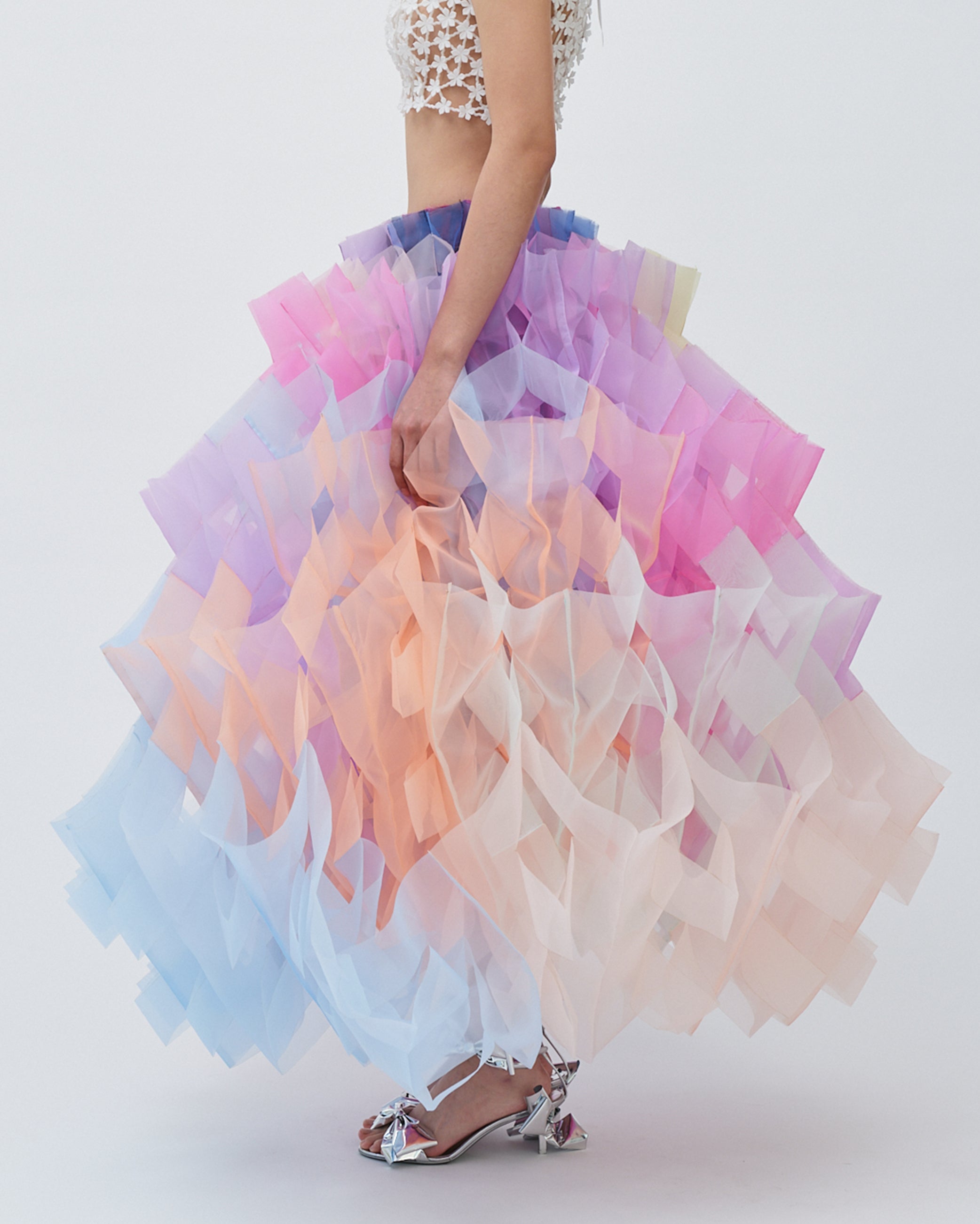 WOMENS PLEATED LAYERED MAXI SKIRT BRIDAL WEDDING EVENING WEAR IN PASTEL PALETTE PINK PURPLE BLUE ORANGE