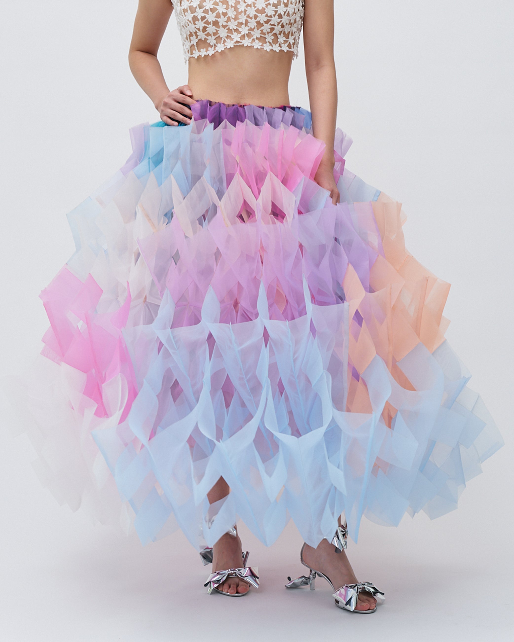 WOMENS PLEATED LAYERED MAXI SKIRT BRIDAL WEDDING EVENING WEAR IN PASTEL PALETTE PINK PURPLE BLUE ORANGE