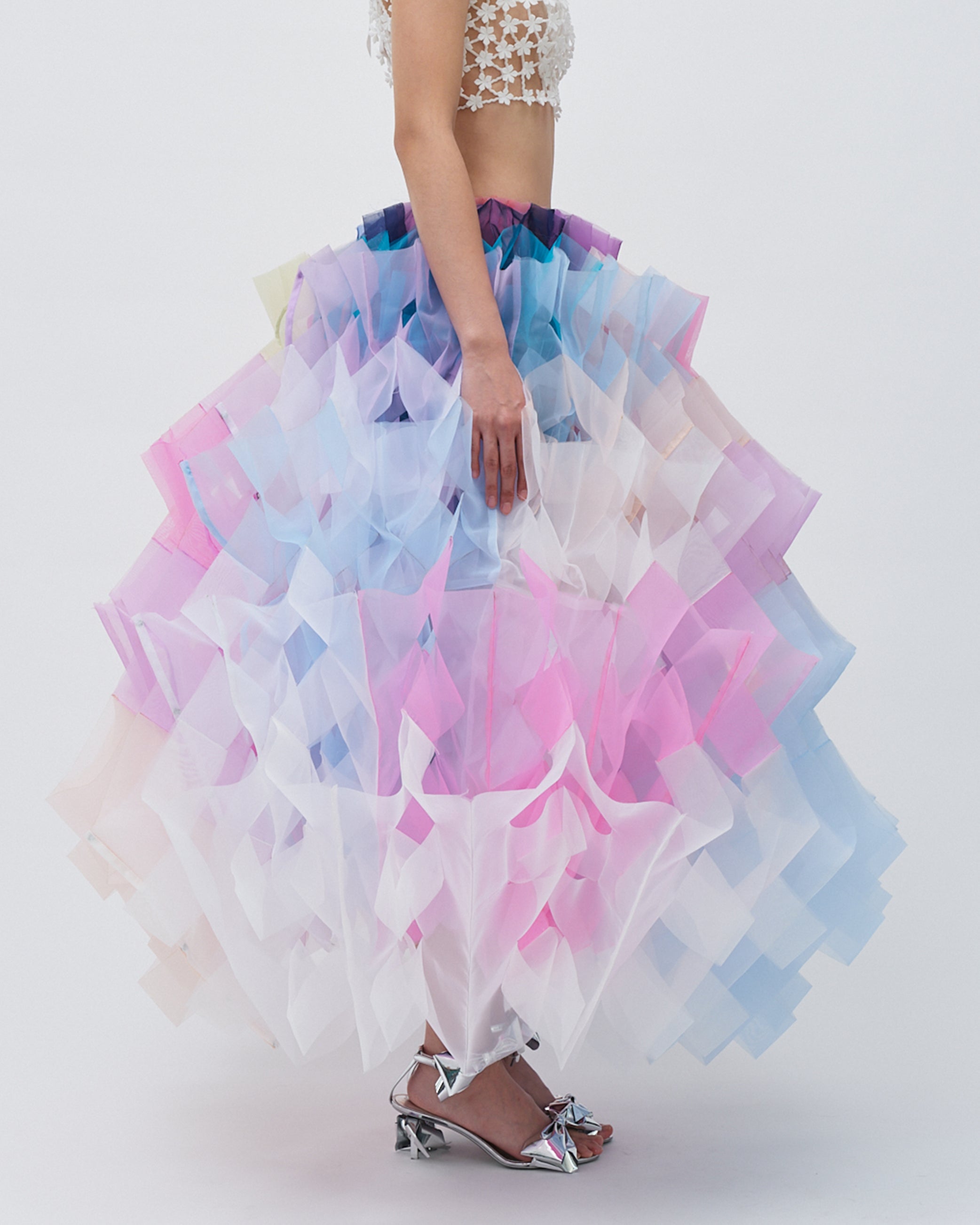 WOMENS PLEATED LAYERED MAXI SKIRT BRIDAL WEDDING EVENING WEAR IN PASTEL PALETTE PINK PURPLE BLUE ORANGE