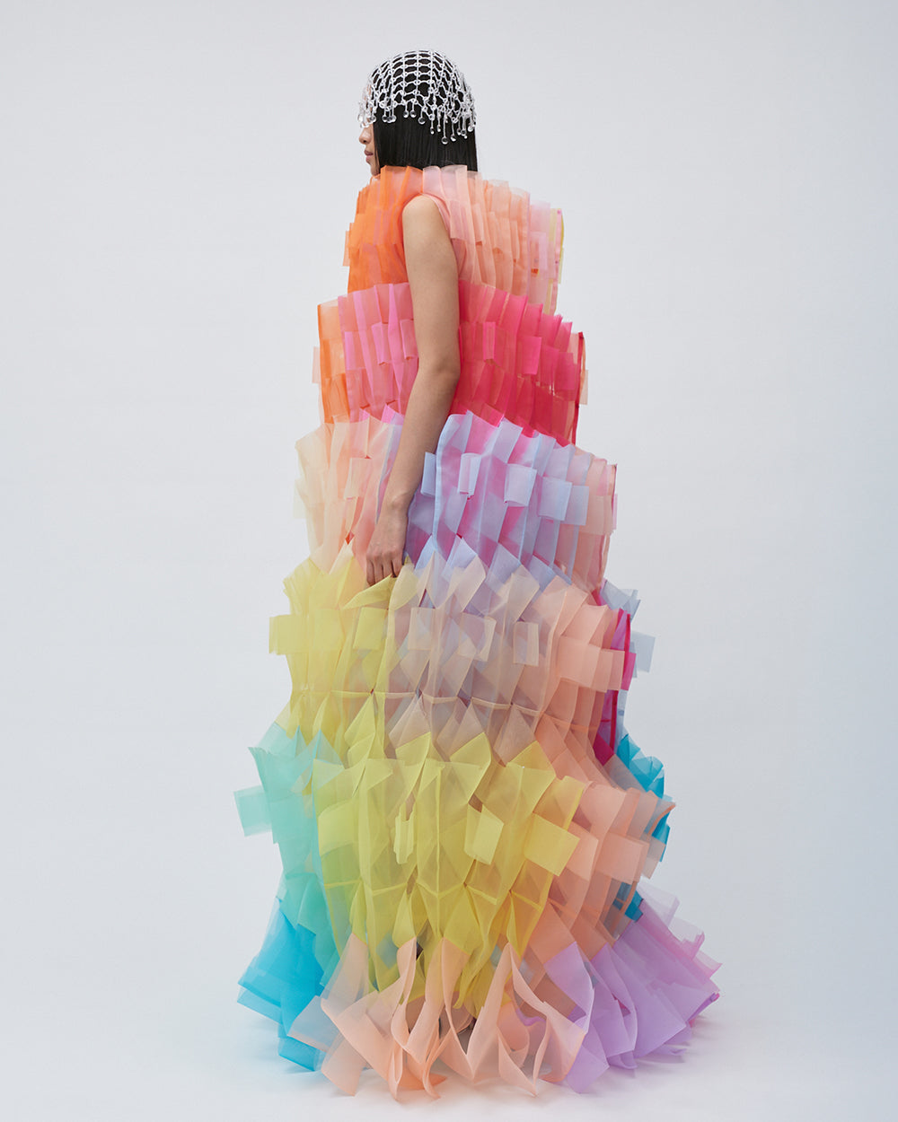 WOMENS PLEATED LAYERED MAXI DRESS BRIDAL WEDDING EVENING WEAR GOWN IN RAINBOW PALETTE PINK RED YELLOW ORANGE GREEN BLUE