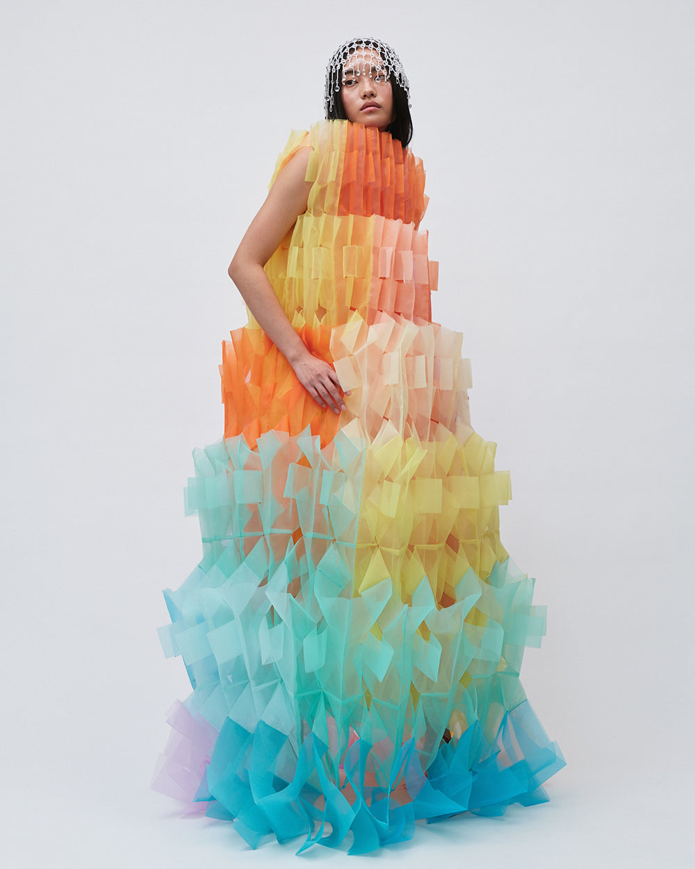 WOMENS PLEATED LAYERED MAXI DRESS BRIDAL WEDDING EVENING WEAR GOWN IN RAINBOW PALETTE PINK RED YELLOW ORANGE GREEN BLUE