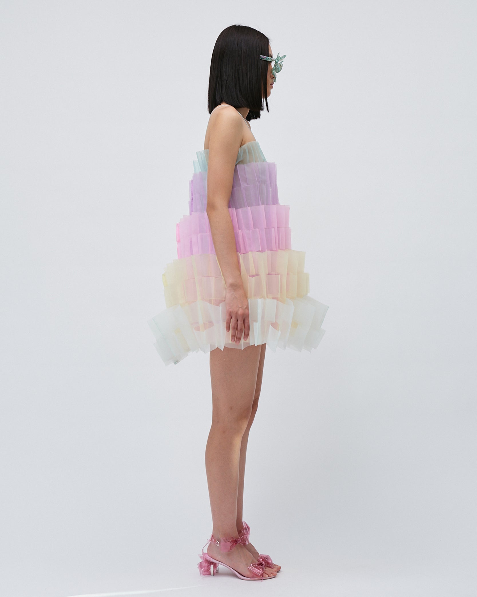 WOMENS PLEATED LAYERED MINI DRESS BRIDAL WEDDING EVENING WEAR IN PASTEL PALETTE PINK PURPLE GREEN