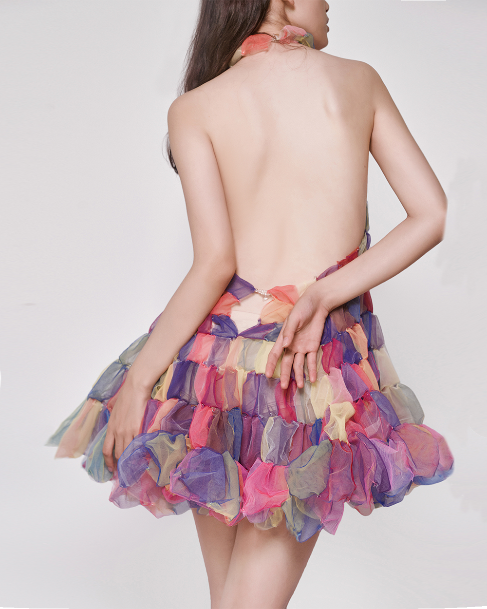 WOMEN GIRL HALTER SHORT BACKLESS PATCH MINI DRESS