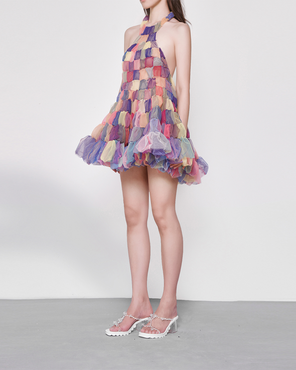 WOMEN GIRL HALTER SHORT BACKLESS PATCH MINI DRESS