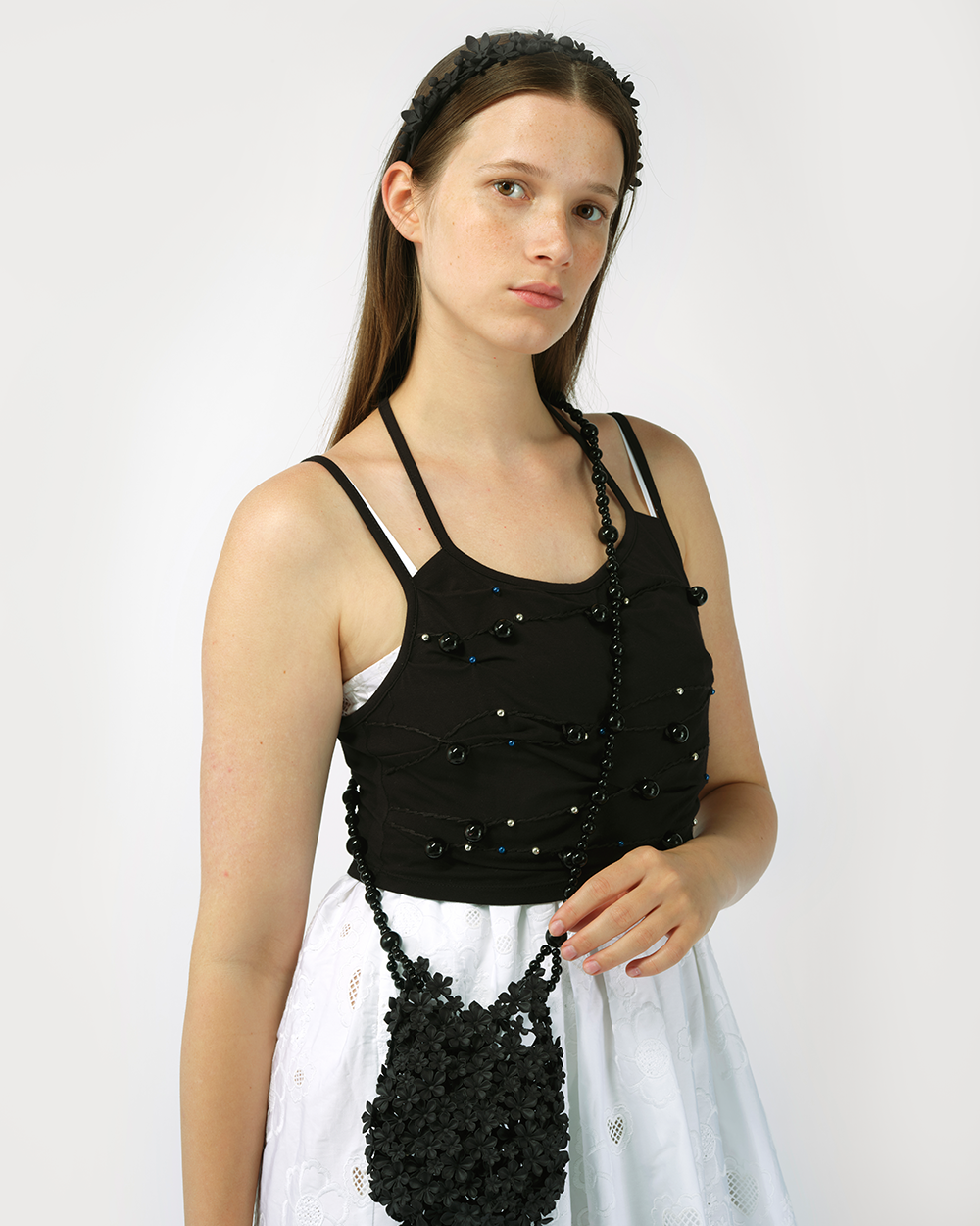 BLACK WOMEN BEADED EMBROIDERED JERSEY SPAGHETTI STRAP CROP TOP