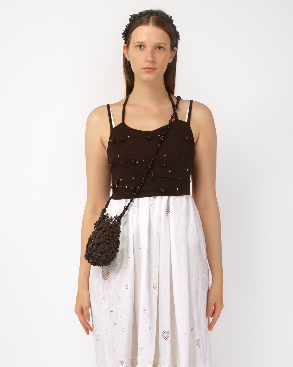 BLACK WOMEN BEADED EMBROIDERED JERSEY SPAGHETTI STRAP CROP TOP