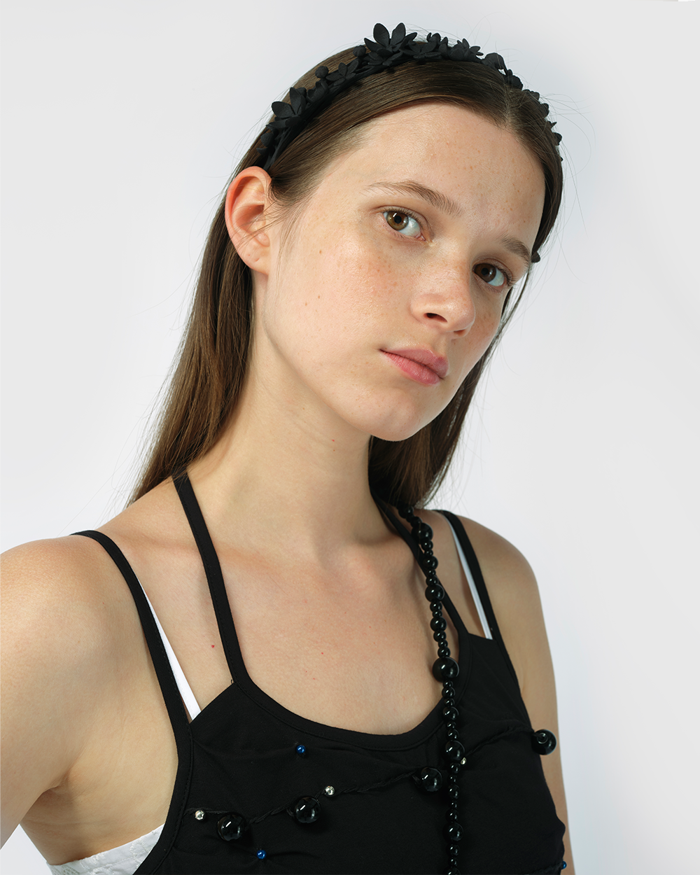 BLACK WOMEN BEADED EMBROIDERED JERSEY SPAGHETTI STRAP CROP TOP
