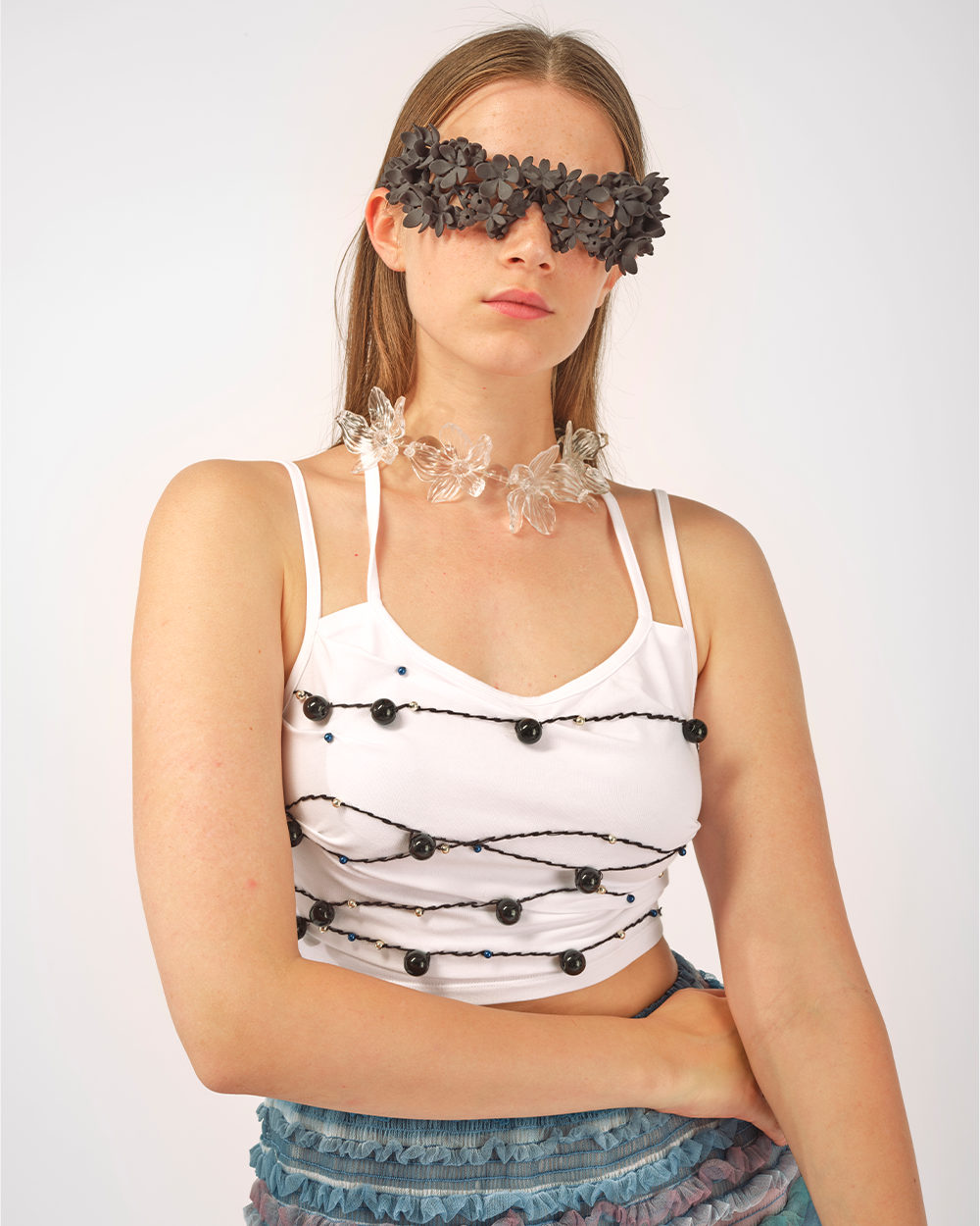 WHITE WOMEN BEADED EMBROIDERED JERSEY SPAGHETTI STRAP CROP TOP