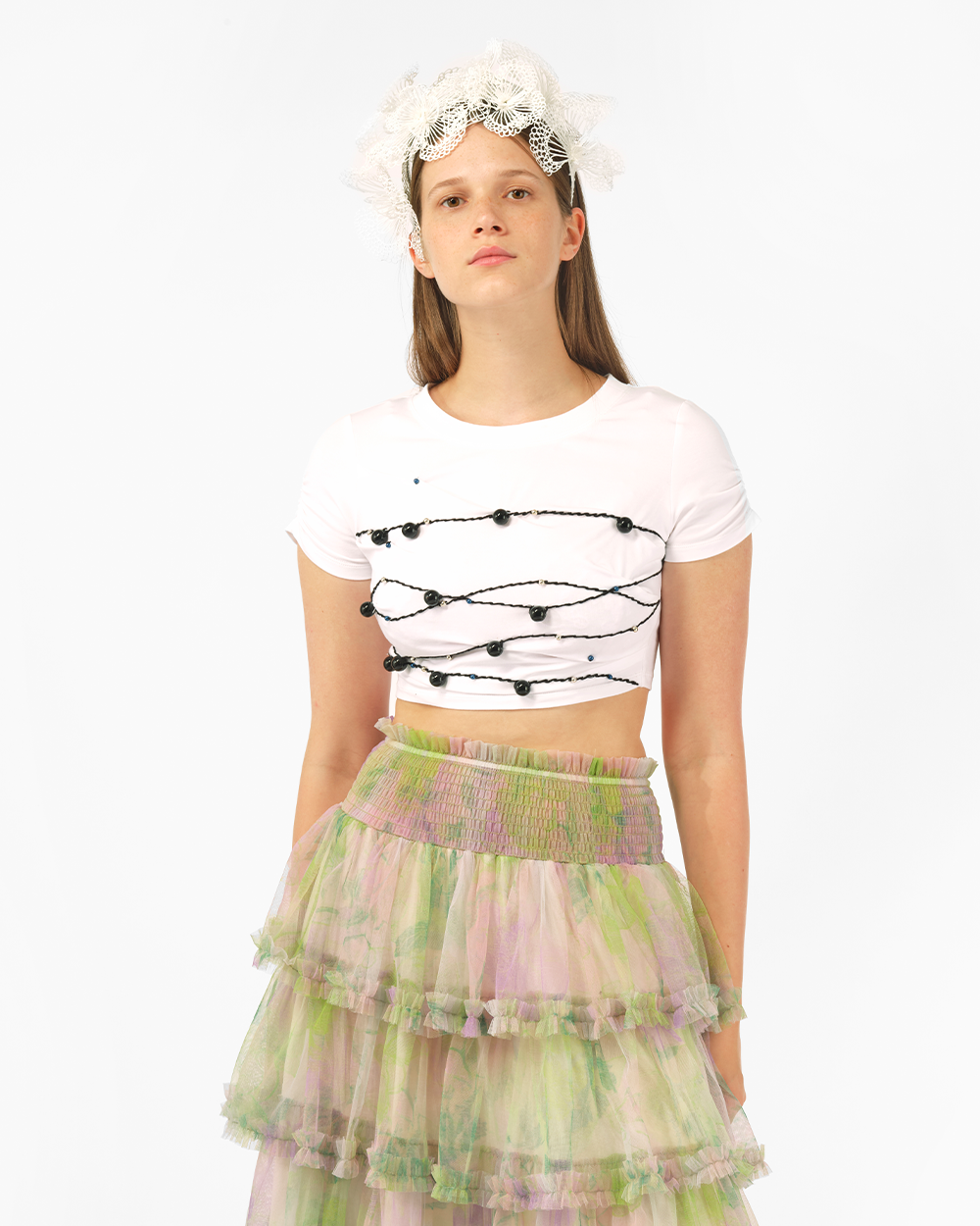 WHITE WOMEN BEADED EMBROIDERED JERSEY SHORT SLEEVE CROP TOP