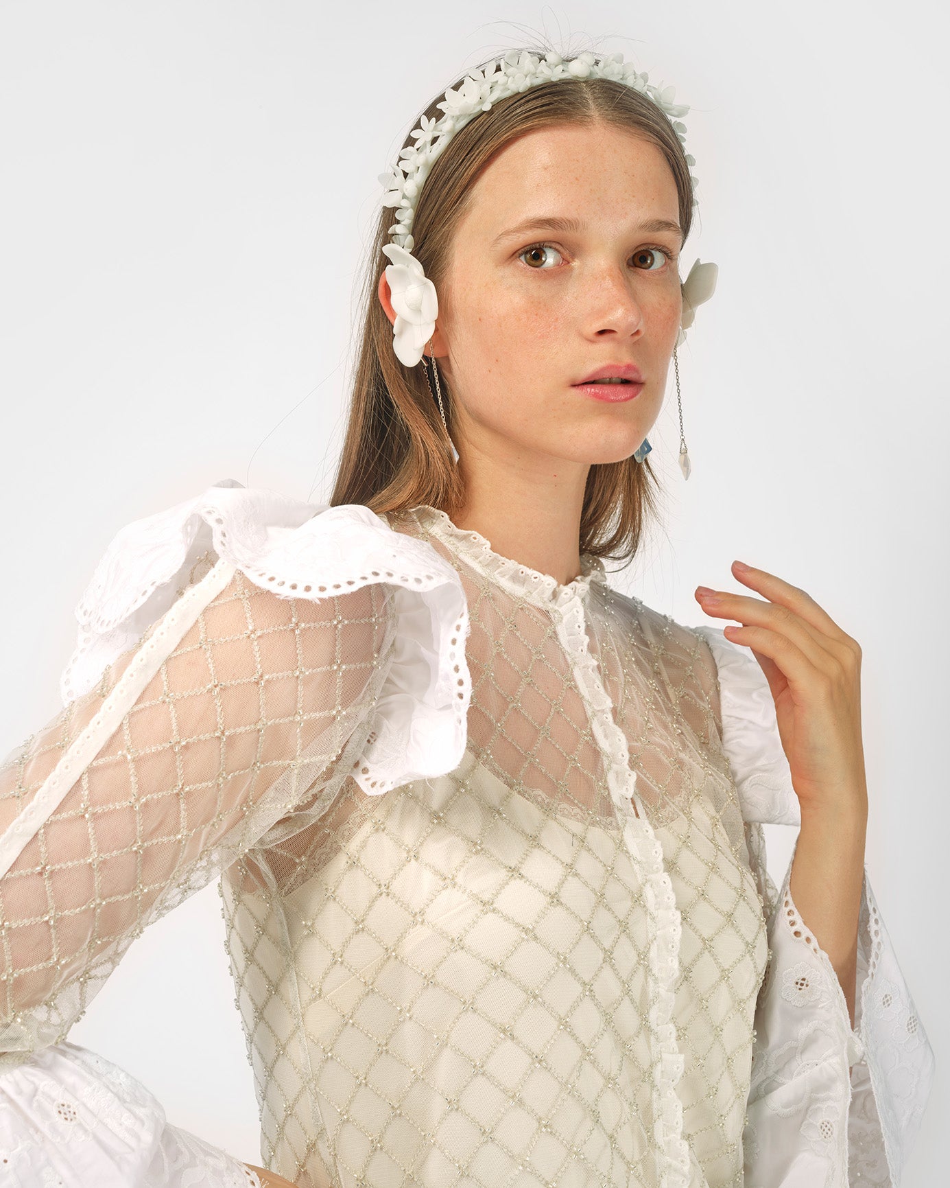 WHITE WOMEN BEADED NET RUFFLED MINI SHORT LONG SLEEVE DRESS EVENING DRESSES