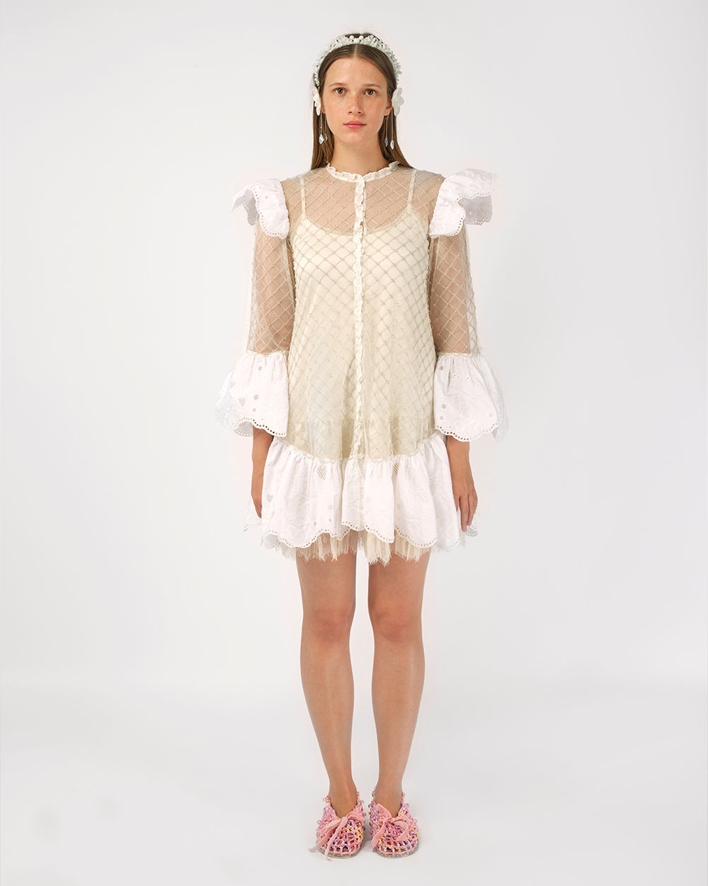 BEADED NET RUFFLED MINI DRESS BEADED NET RUFFLED MINI DRESS