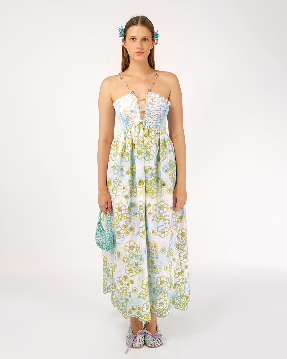 BLUE BRODERIE ANGLAISE BEADED SMOCKED WOMEN MIDI LONG SLEEVELESS DRESS WEDDING BRIDAL