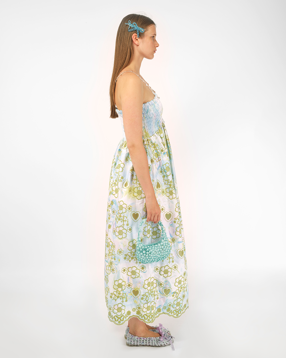 BLUE BRODERIE ANGLAISE BEADED SMOCKED WOMEN MIDI LONG SLEEVELESS DRESS WEDDING BRIDAL