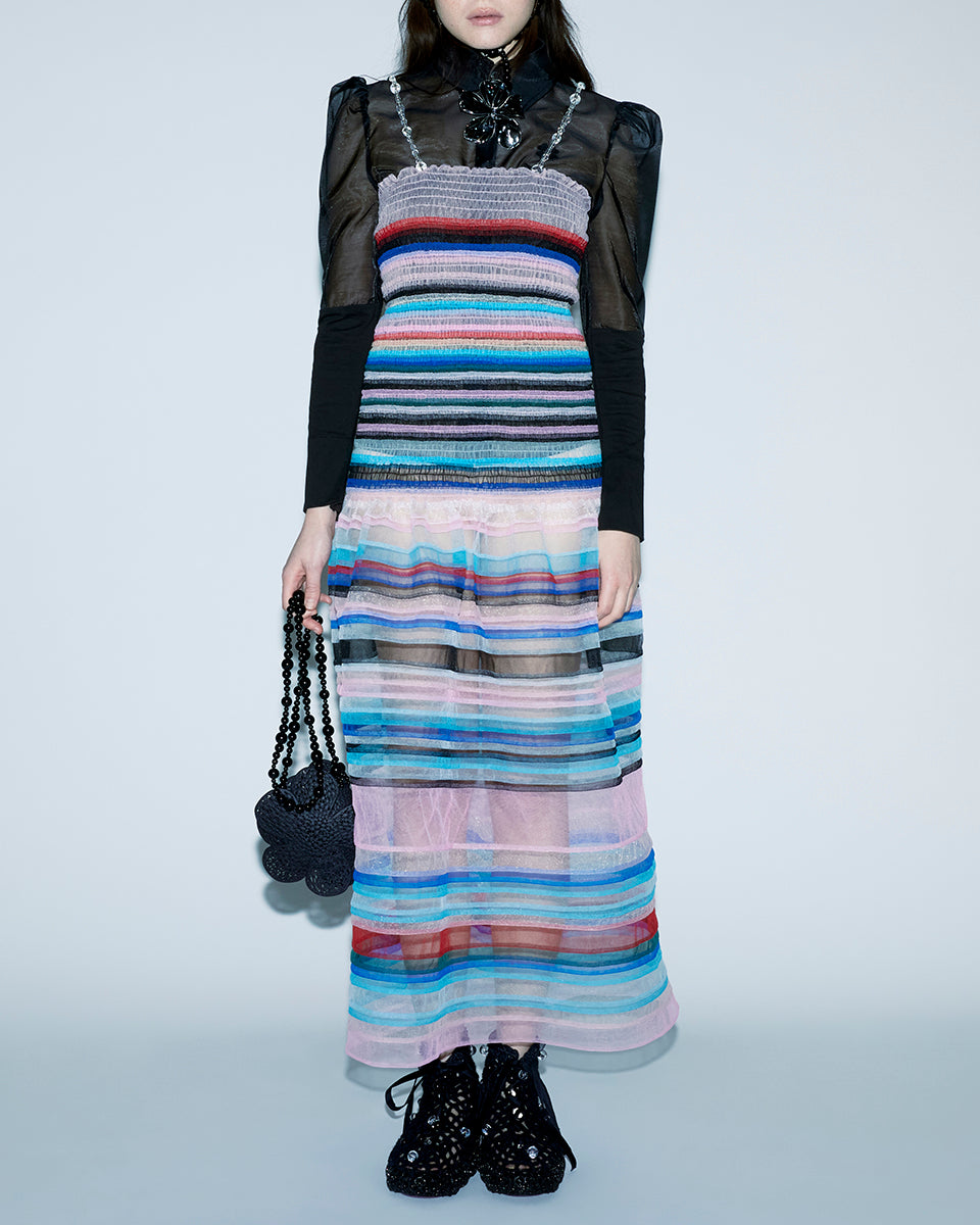 SUSAN FANG BEADED STRAP STRIPED SMOCKED DRESS SUSAN FANG BEADED STRAP STRIPED SMOCKED DRESS