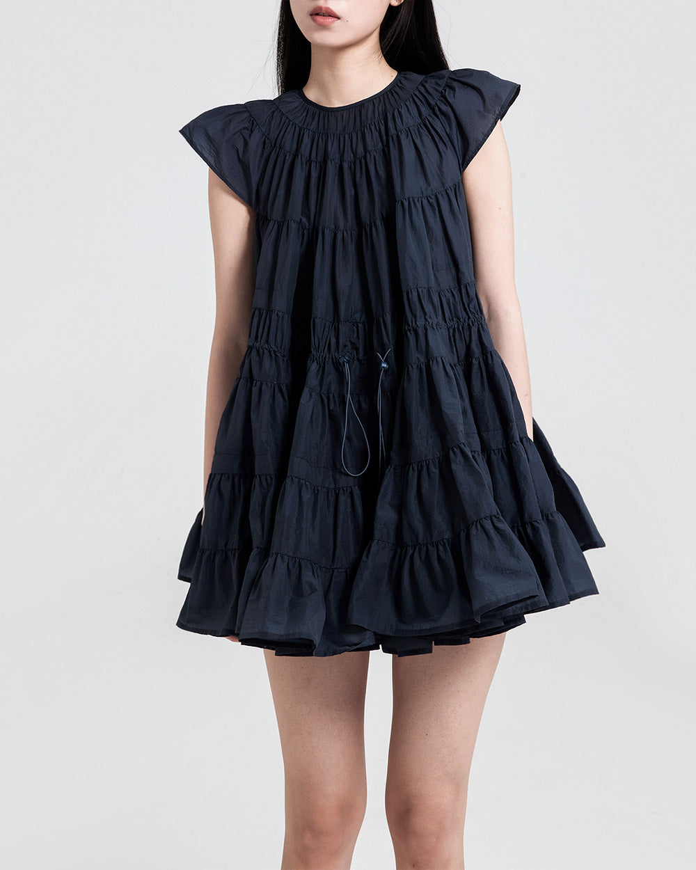 WOMEN GIRL SHORT STYLE ROUND NECK BLACK A LINE MINI TIERED DRESS