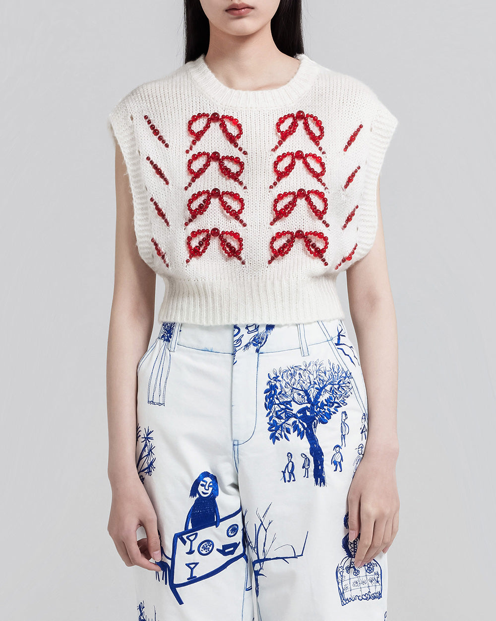 WOMEN GIRL RED WHITE CROP SLEEVELESS STYLE BOW KNIT VEST