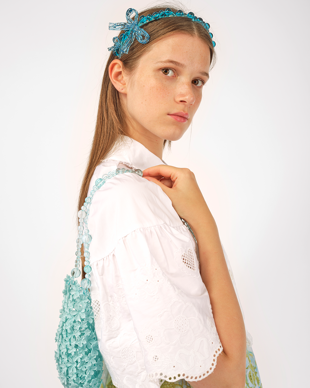 WHITE WOMEN BRODERIE ANGLAISE CROPPED MINI SHORT SLEEVE SHIRT WITH FRONT BUTTON