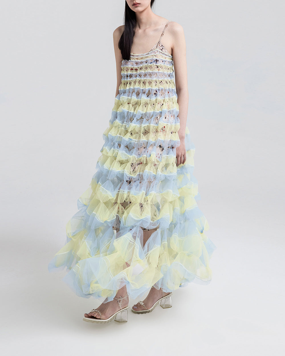 WOMEN GIRL SLEEVELESS STRAP MAXI BUBBLE BEAD STRAP AIR RIBBON DRESS