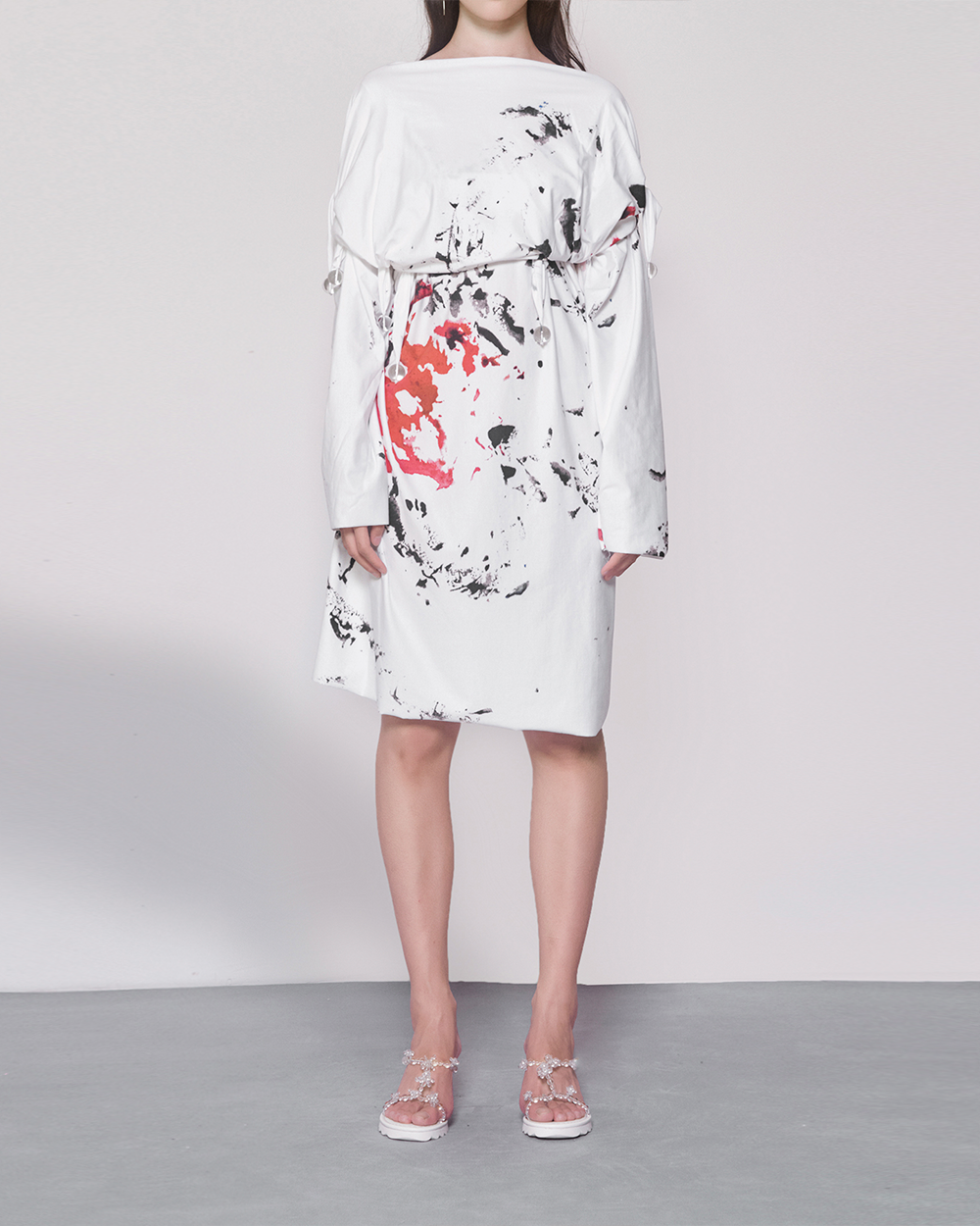 WOMEN GIRL WHITE LONG SLEEVE STYLE MIDI BUBBLE JERSEY DRESS