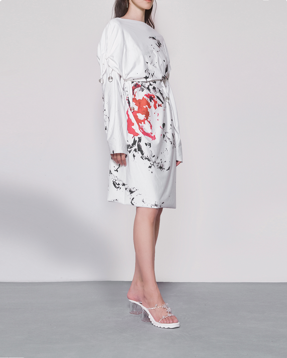 WOMEN GIRL WHITE LONG SLEEVE STYLE MIDI BUBBLE JERSEY DRESS