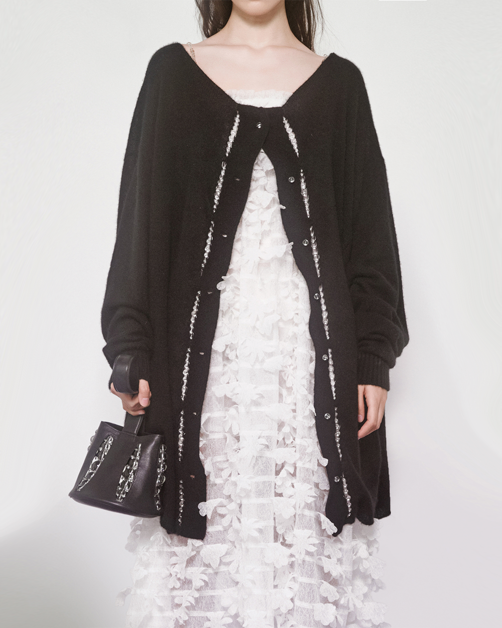 WOMEN GIRL LONG SLEEVE BUTTON UP LOOSE BLACK STYLE BUBBLE PLACKET CARDIGAN