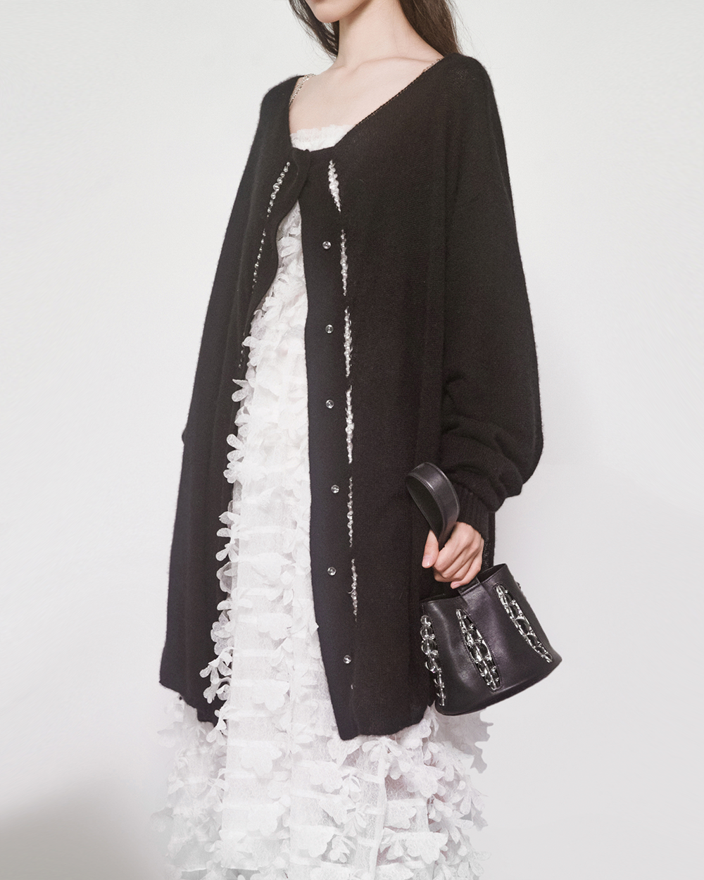 WOMEN GIRL LONG SLEEVE BUTTON UP LOOSE BLACK STYLE BUBBLE PLACKET CARDIGAN