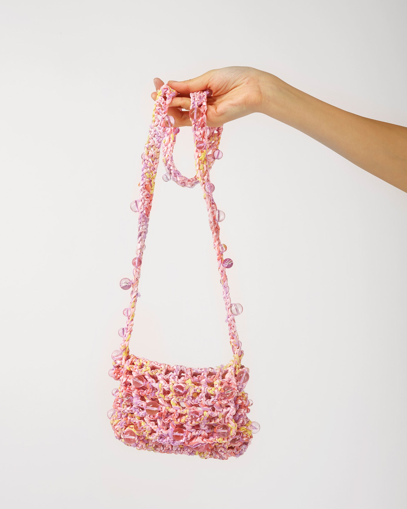 PINK WOMEN GIRL KOREAN ASIAN STYLE CROCHET BEADED CROSSBODY BAG SMALL