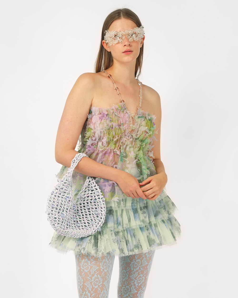 BLUE WOMEN GIRL KOREAN ASIAN STYLE CROCHET BEADED HANDBAG DESIGN