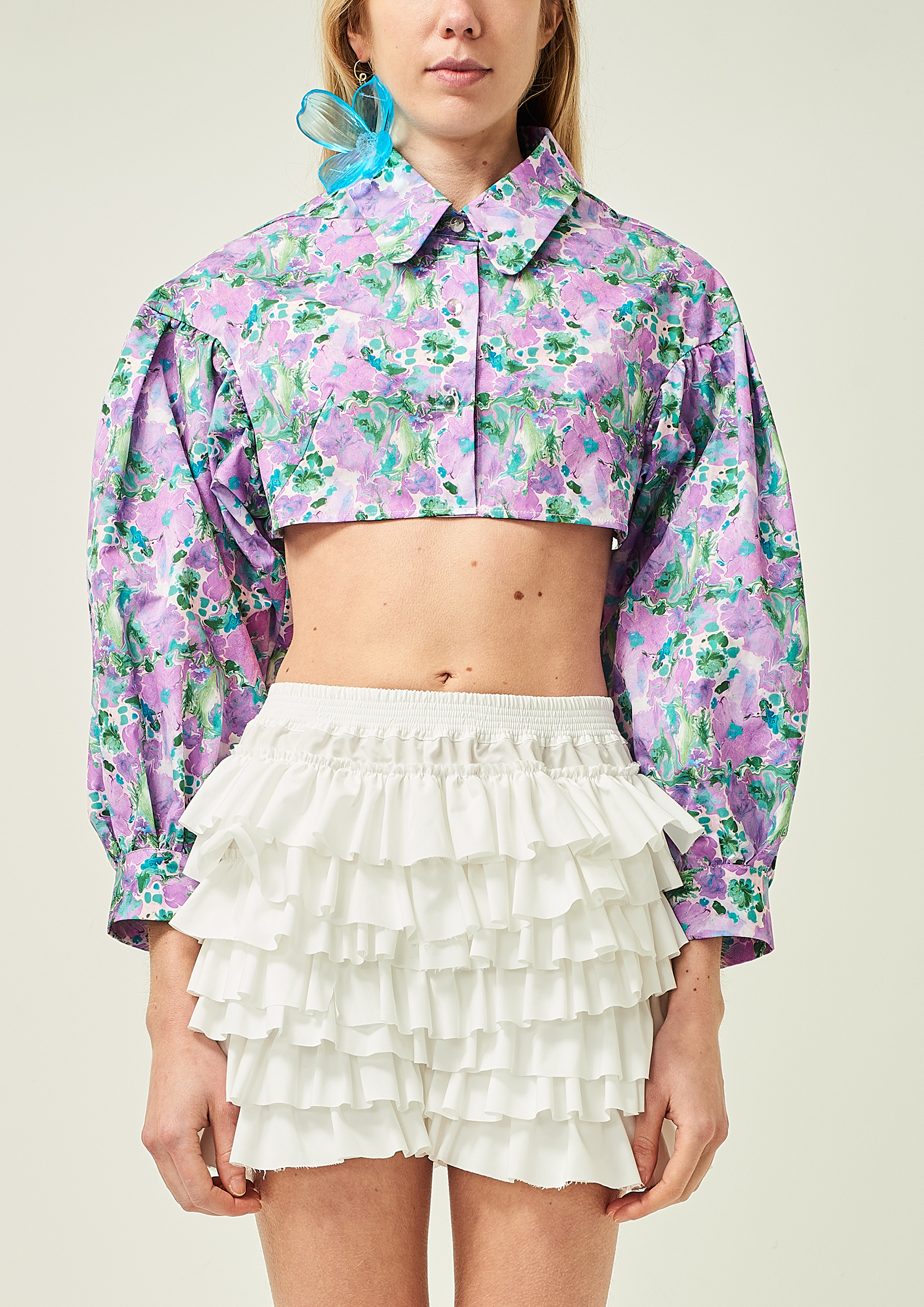 WOMEN PURPLE LONG SLEEVE STYLE COLLAR BUTTON UP CROPPED POPLIN SHIRT