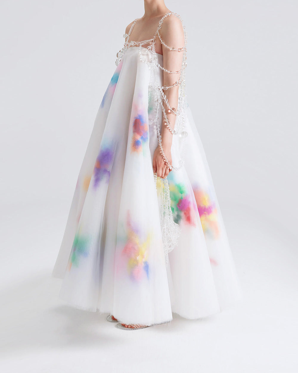 WOMEN GIRL PUFFY MIDI WHITE CLOTHING SLEEVELESS BEAD FEATHER EMBROIDERED STRAPLESS DRESS