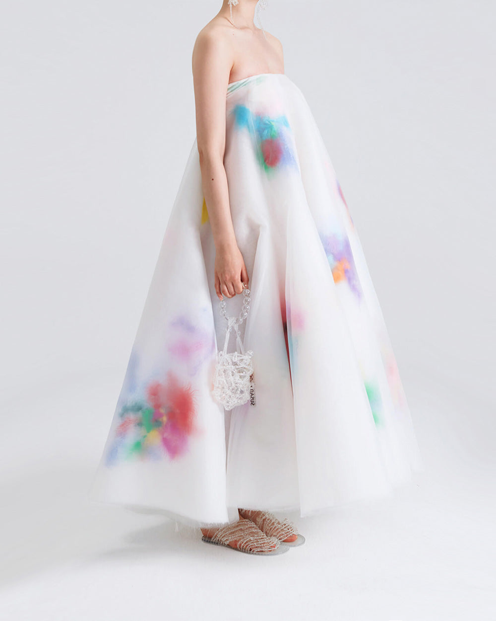 WOMEN GIRL PUFFY MIDI WHITE CLOTHING SLEEVELESS BEAD FEATHER EMBROIDERED STRAPLESS DRESS