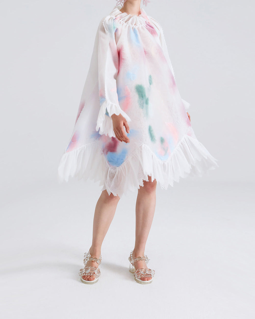 WOMEN GIRL LONG SLEEVE PASTEL MINI SHORT FEATHER EMBROIDERY RUFFLE HEM DRESS WHITE