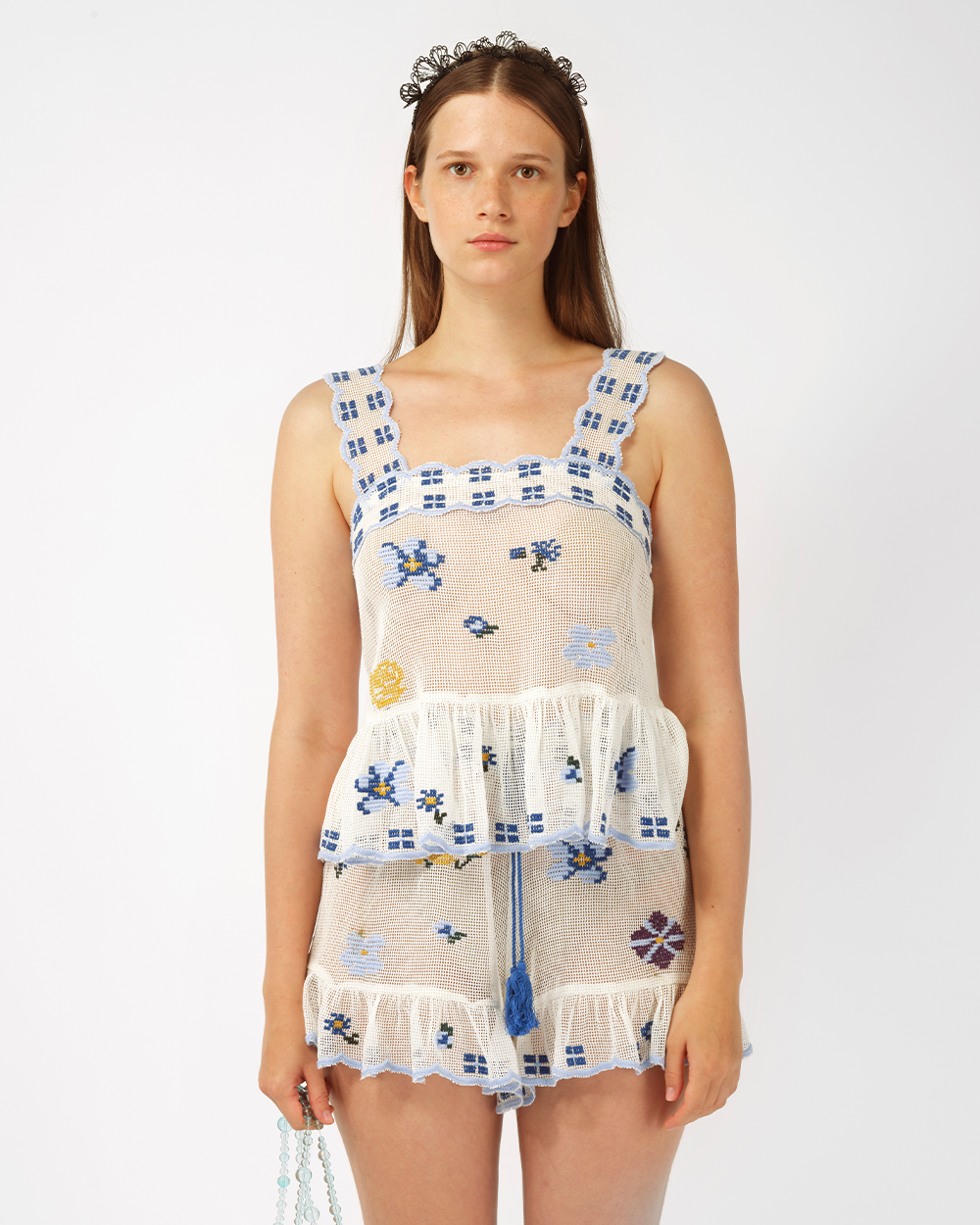 WHITE AND BLUE WOMEN GRID EMBROIDERED STRAP SLEEVELESS TOP