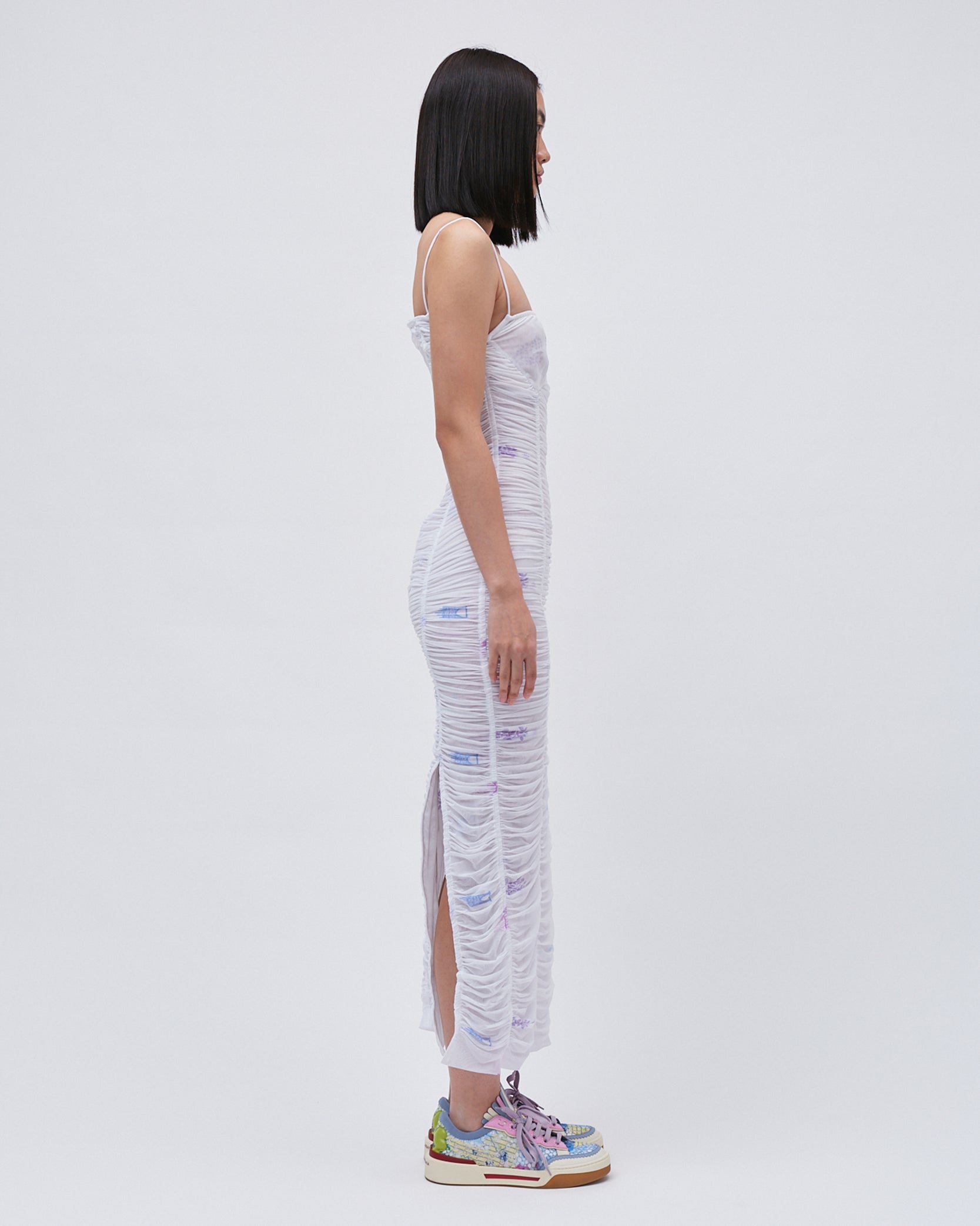 WOMENS SLIT DRESS WHITE PRINTED FLORAL GATHERING DRESS WITH FRONT AND BACK SLITS